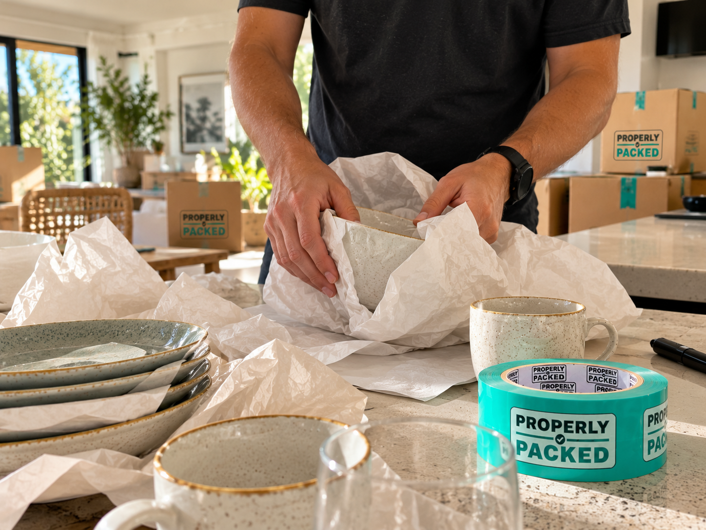 professional packing services Western Cape Fragile crockery being wrapped in protective packing paper